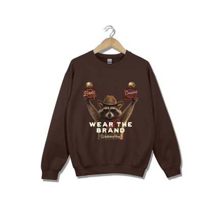 The sweatshirt features a graphic of a raccoon wearing a cowboy hat and holding two Western Hive perfumes &